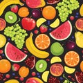 Colorful bright fruits and berries seamless pattern on  black background. Vector fresh food illustration in simple flat cartoon st Royalty Free Stock Photo