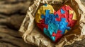 A colorful bright Heart with papier mache puzzles wrapped in kraft paper.