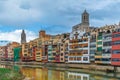 Colorful bright houses of Girona old town are reflected in the water Royalty Free Stock Photo