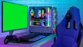 Colorful bright illuminated rgb gaming pc with keyboard mouse monitor and chair with racing screen in front of LED light brick