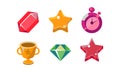Colorful bright jelly shapes set, crystal, winner cup, diamond, alarm clock, star, user interface assets for mobile apps