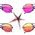 Colorful bright lovely comfort summer beach pattern of colorful sunglasses and starfishes watercolor