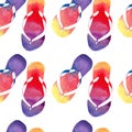 Colorful bright lovely comfort summer pattern of beach yellow orange pink red blue purple flip flops watercolor Royalty Free Stock Photo