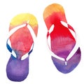 Colorful bright lovely comfort summer pattern of beach yellow orange pink red blue purple flip flops Royalty Free Stock Photo