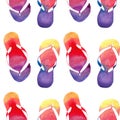 Colorful bright lovely comfort summer pattern of beach yellow orange pink red blue purple flip flops watercolor Royalty Free Stock Photo