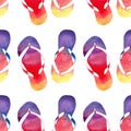Colorful bright lovely comfort summer pattern of beach yellow orange pink red blue purple flip flops watercolor Royalty Free Stock Photo