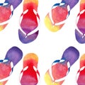 Colorful bright lovely comfort summer pattern of beach yellow orange pink red blue purple flip flops watercolor Royalty Free Stock Photo