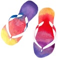 Colorful bright lovely comfort summer pattern of beach yellow orange pink red blue purple flip flops watercolor Royalty Free Stock Photo