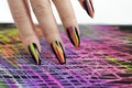 Colorful bright manicure with different sharp shape of nails framed with black lacquer.Nail art.