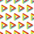 Colorful bright penrose triangle icon seamless pattern. Impossible vector geometric shape object. Optical illusion illustration.