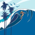 A colorful bright picture with a girl on a surfboard on a large wave and palm trees hand-drawn.