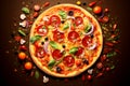 Colorful bright pizza. Delicious pizza served on wooden plate. Fresh pizza with tomatoes, cheese and mushrooms on wooden Royalty Free Stock Photo