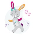 Colorful bright rabbit with hearts. Cute bunny girl. Forest funny animals. The composition is ideal for greeting cards