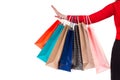 Colorful and bright shopping packages hanging on female red-sleeved arm