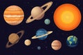 Colorful bright solar system planets on universe background vector illustration, modern trendy style. Planet icons