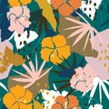 Colorful and bright summer Silhouette Abstract seamless pattern with leaves and flowers Background with florals vector