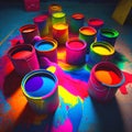 Colorful open messy spilled paint pots Royalty Free Stock Photo