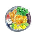 Colorful bright watercolor poke bowl with red salmon, caviar and other food pieces. Watercolor food illustration isolated on white