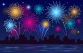 Colorful Brightly Beautiful Fireworks Night Sky City Vector Illustration