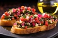 colorful bruschetta with pickled turnips and cable knit background