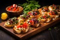 colorful bruschetta setups with feta cheese on dark board