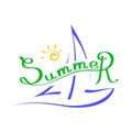 Colorful brush lettering composition of summer vacation with handwritten sailboat, seagull and funny sun on white background