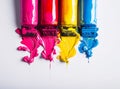 Colorful brushes with printing ink. CMYK. Clean white background