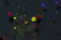 Colorful bubbles, green, red, blue spheres on dark background