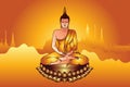 Colorful Buddha Siddhartha Gautama sit on gloden lotus with temple glowing light background