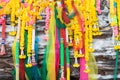 Colorful Buddhism garland on tree front view.