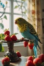 Adorable Budgie Parrot Perched on Branch with Fresh Strawberries Royalty Free Stock Photo