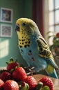 Vibrant Budgie Parrot with Fresh Strawberries Royalty Free Stock Photo