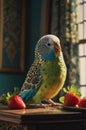 Adorable Budgie Parrot with Fresh Strawberries on Wooden Table Royalty Free Stock Photo