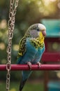 Vibrant Blue and Yellow Budgie Perched on a Red Perch in a Garden Royalty Free Stock Photo