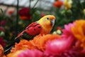 Colorful budgie bird flying in greenhouse. Generative ai