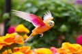 Colorful budgie bird flying in greenhouse. Generative ai