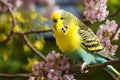 Colorful Budgie Budgerigar sitting on a flowery branch in the garden