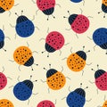 Colorful bugs hand drawn vector illustration. Cute insect ladybug in flat style seamless pattern for kids. Royalty Free Stock Photo