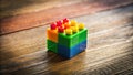Colorful building blocks assembled into a cube on wooden surface. Generative AI Royalty Free Stock Photo