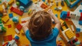 Colorful building blocks, miniature figurines, and a completed LEGO spaceship inspire imaginative play, AI generated Royalty Free Stock Photo