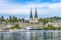 Buildings Church Modern Tourboat Lake Lucerne Switzerland Royalty Free Stock Photo