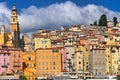 Colorful buildings and church tower in Menton France