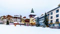 Colorful buildings and the Clock Tower in the Winter Sport Village of Sun Peaks