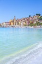 Colorful buildings in the mediaeval town of Menton, French Riviera, France.