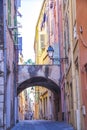 Colorful buildings in the mediaeval town of Menton, French Riviera, France.