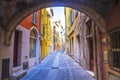 Colorful buildings in the mediaeval town of Menton, French Riviera, France.