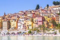 Colorful buildings in the mediaeval town of Menton, French Riviera, France.