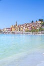 Colorful buildings in the mediaeval town of Menton, French Riviera, France.