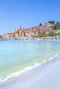 Colorful buildings in the mediaeval town of Menton, French Riviera, France.