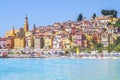 Colorful buildings in the mediaeval town of Menton, French Riviera, France.